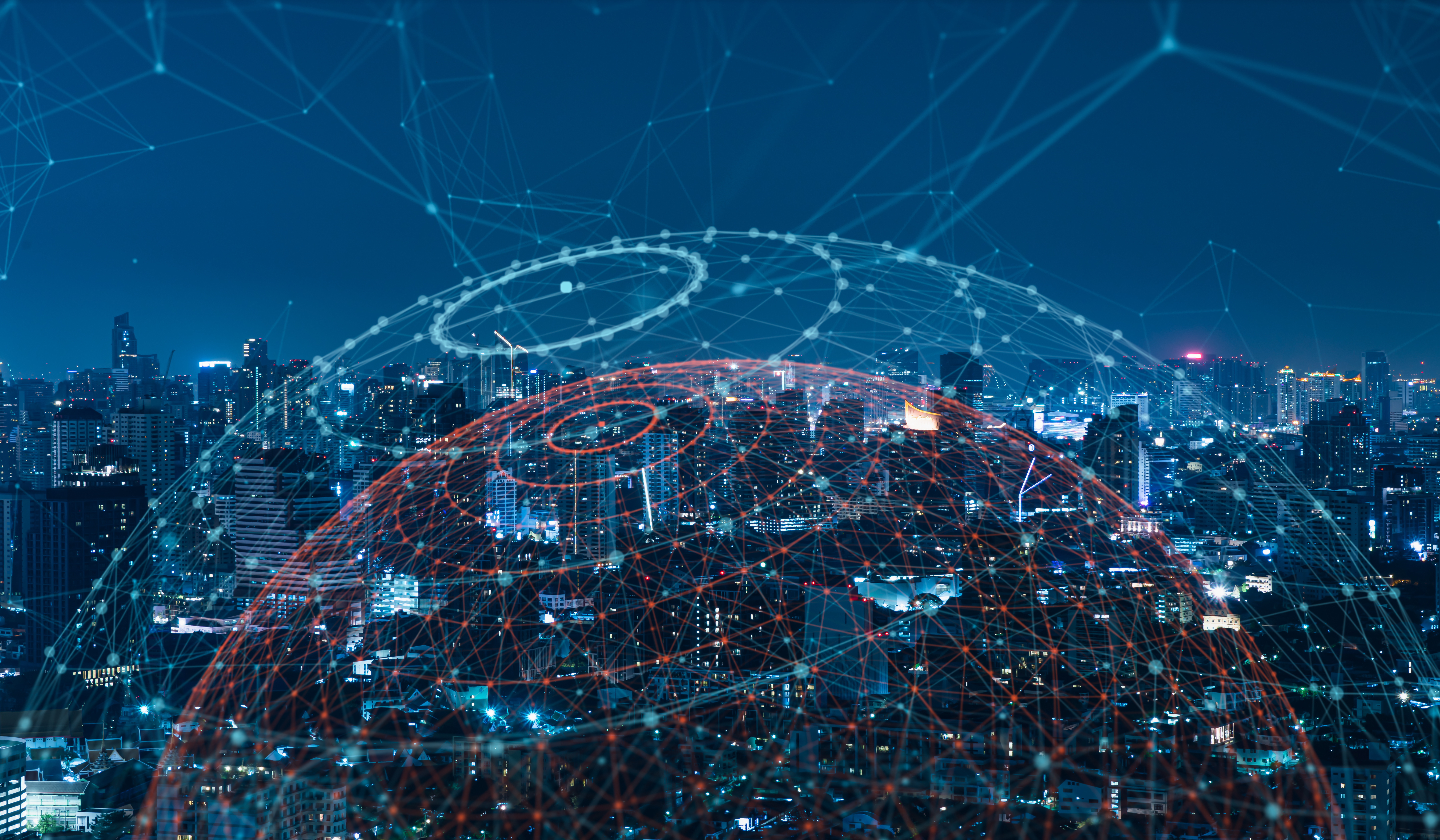 City at night with a wireless network over it