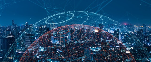 City at night with a wireless network over it