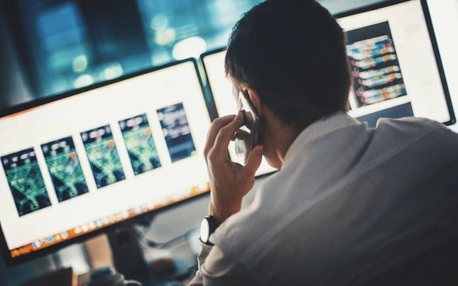 Hombre sosteniendo una batería externa y un teléfono inteligente