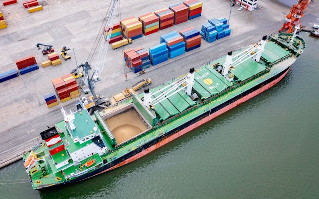 Top View of Large Cargo Ship Loading Grain